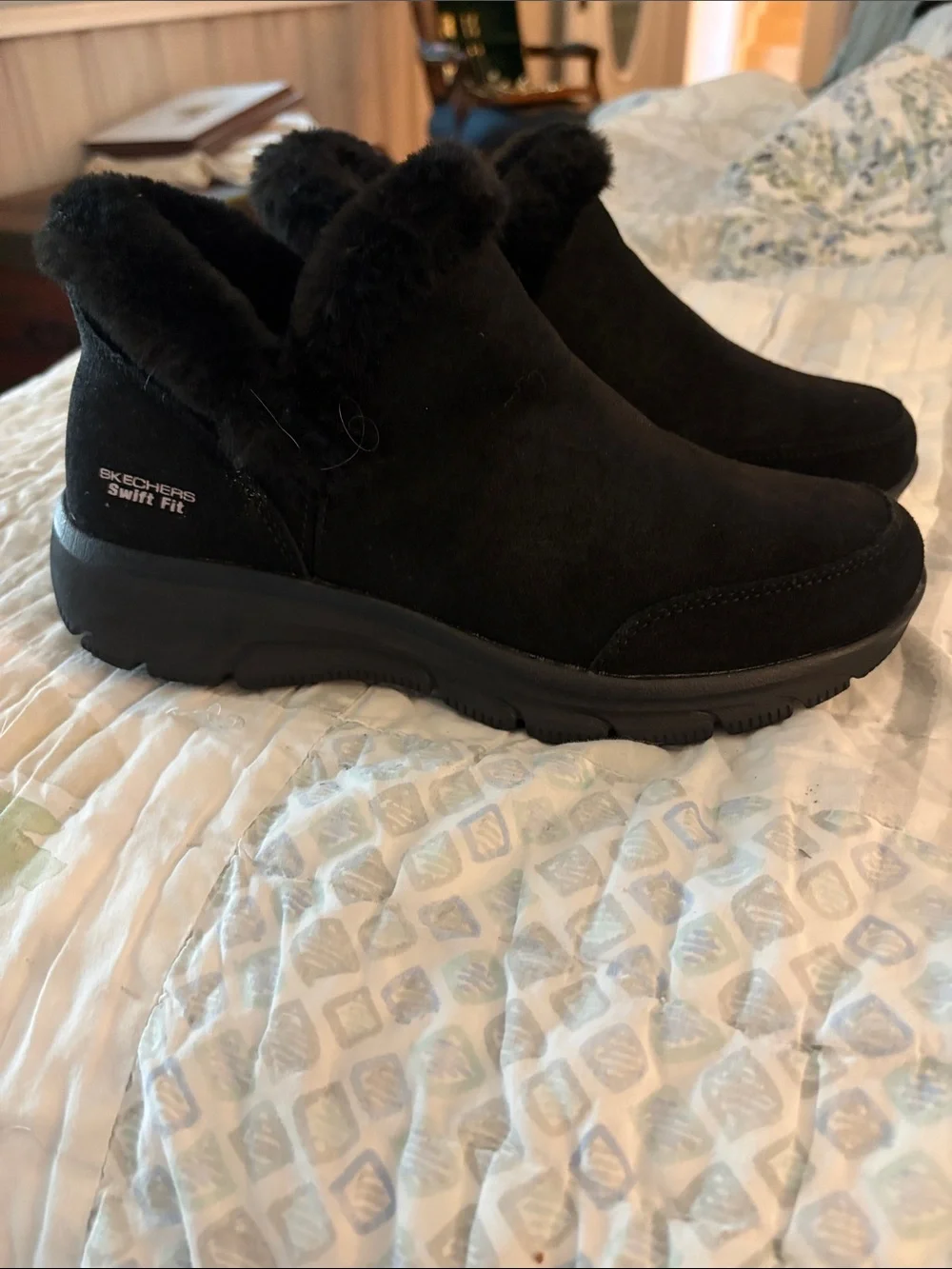 Skechers Black Faux Suede Fur-Lined Ankle Booties